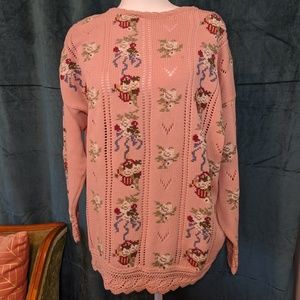 Retro Pink Rose Knit Oversized Sweater Size Large
